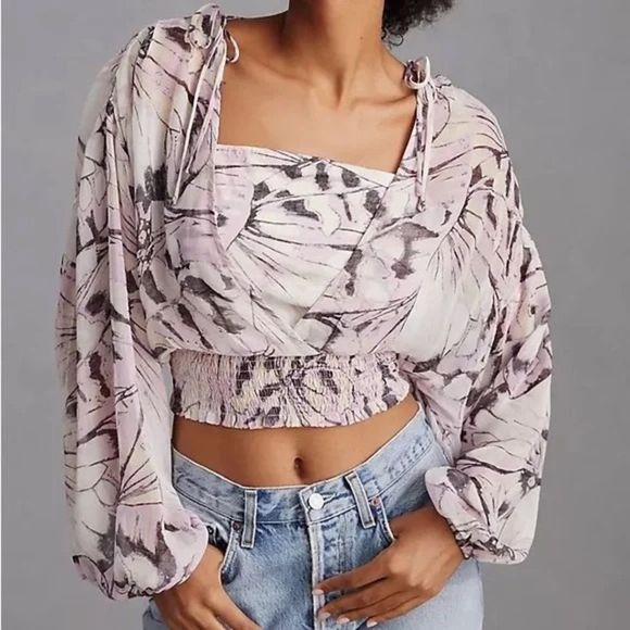 Anthropologie Tops - NWT Anthropologie Sheer Peasant Top in Purple Floral XS long sleeve blouse